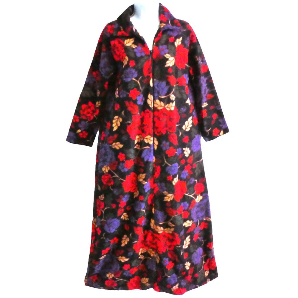 Vintage 60s Housecoat Dress Maxi Half Zip Bold Floral Microfiber Felt Robe Loung